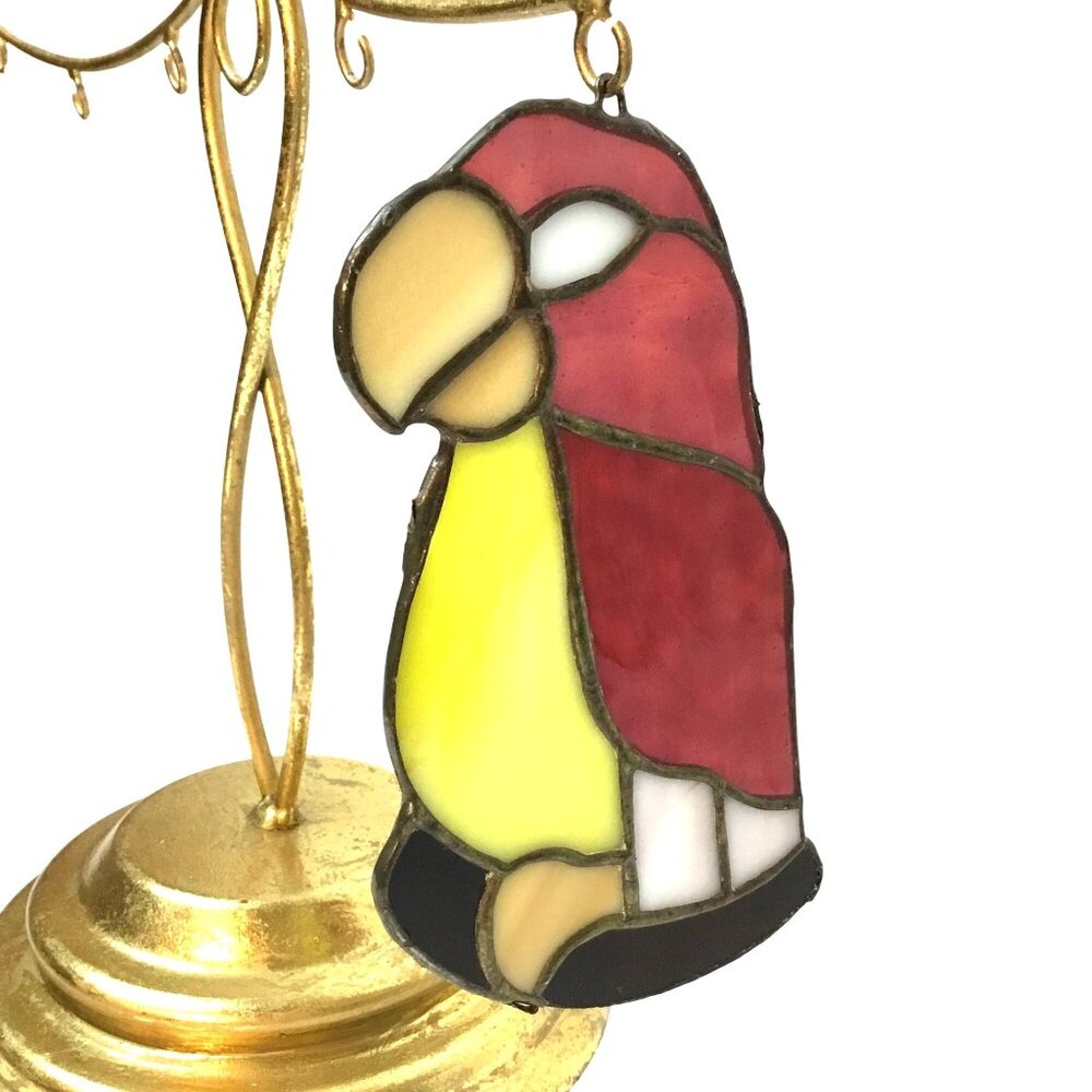 Signed Stained Glass Parrot Suncatcher Bird Hanging Window Art Tropical Decor